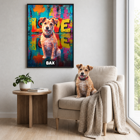 Gepersonaliseerde poster in streetartstijl van een hond in felle kleuren met de naam "BAX". Hond zit op een beige fauteuil.