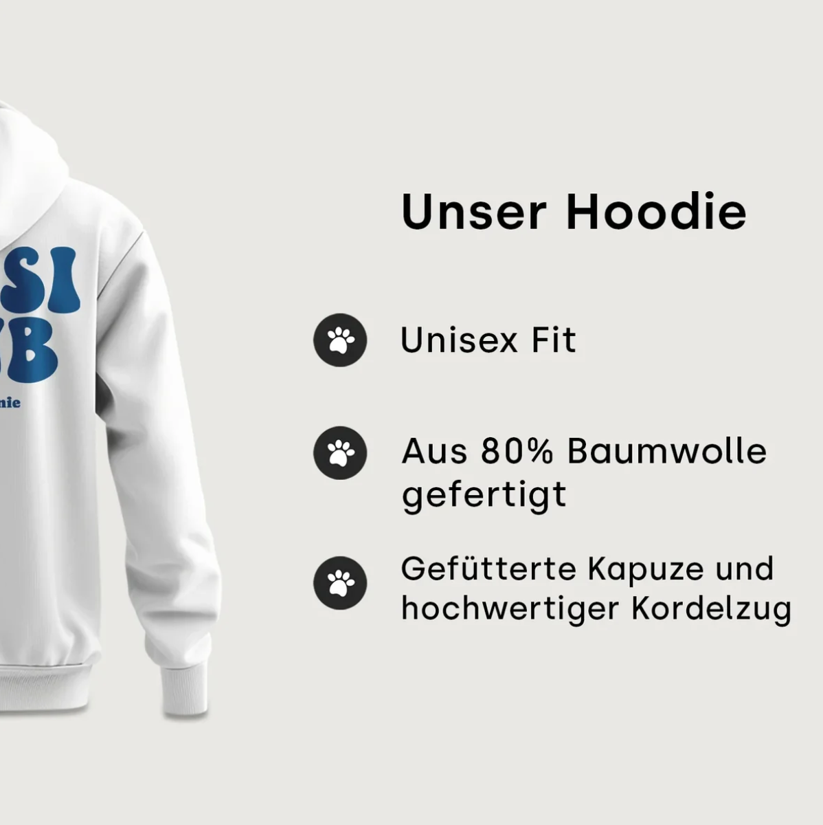 Witte hoodie met blauwe tekst "Gassi Club", unisex pasvorm, 80% katoen, gevoerde capuchon.
