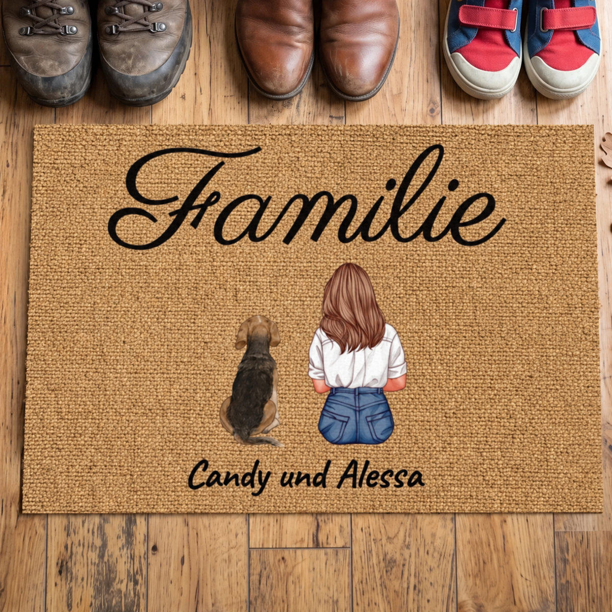 Gepersonaliseerde jute deurmat met het woord Familie en een illustratie van een vrouw en een hond.