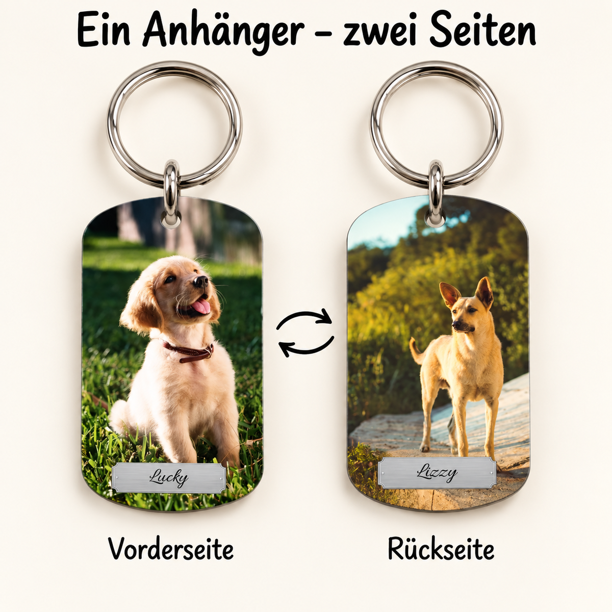 Gepersonaliseerde sleutelhanger met twee hondenfoto's op voor- en achterkant. Metalen sleutelring.