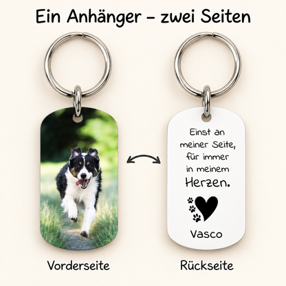 Porte-clés personnalisé avec photo d'un chien au recto et texte au verso.