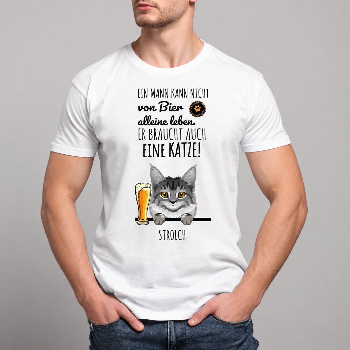 T-shirt blanc avec citation imprimée et illustration d'un chat et d'un verre de bière.