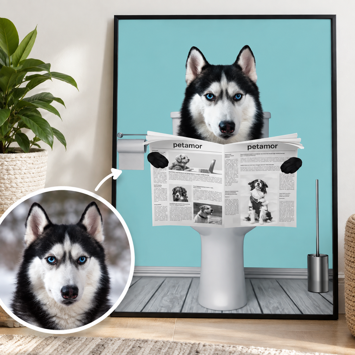Gepersonaliseerde illustratie van een husky die op de wc zit en de krant leest. Lichtblauwe achtergrond.