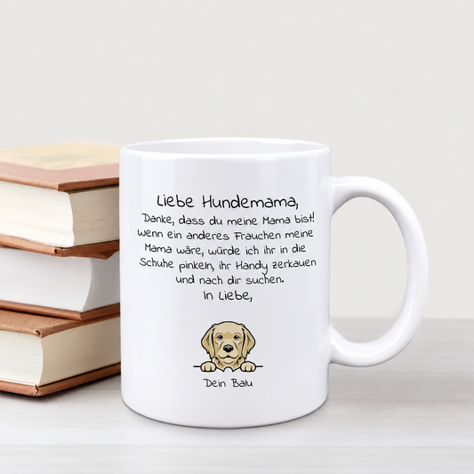 Gepersonaliseerde mok voor hondenmama's met liefdevolle tekst en hondenmotief, wit keramiek.