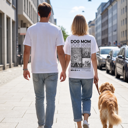 Deux personnes marchant main dans la main dans la rue, la femme porte un T-shirt avec l'inscription "DOG MOM".