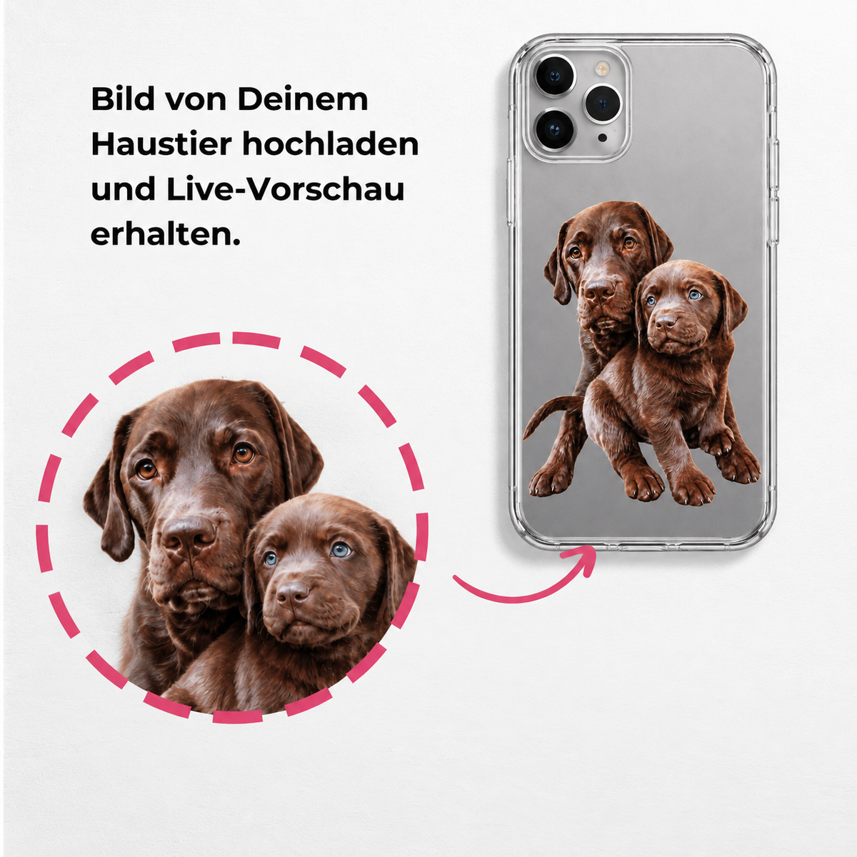 Coque de téléphone transparente montrant deux chiots labradors marron.