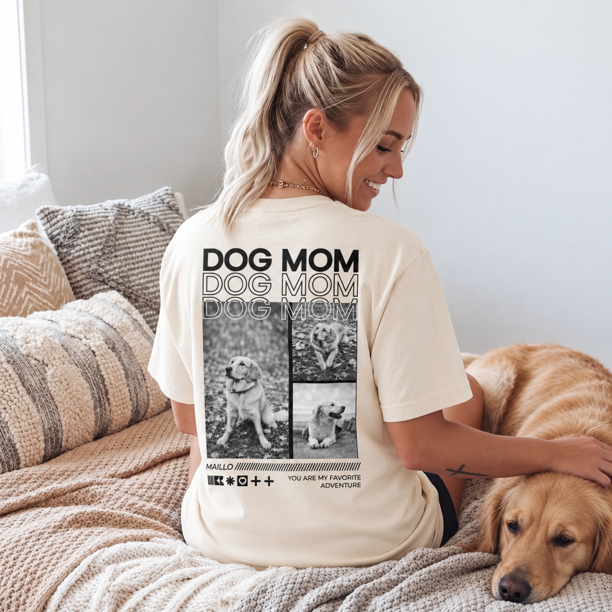 T-shirt beige avec l'inscription "Dog Mom" et motifs de chiens au dos.