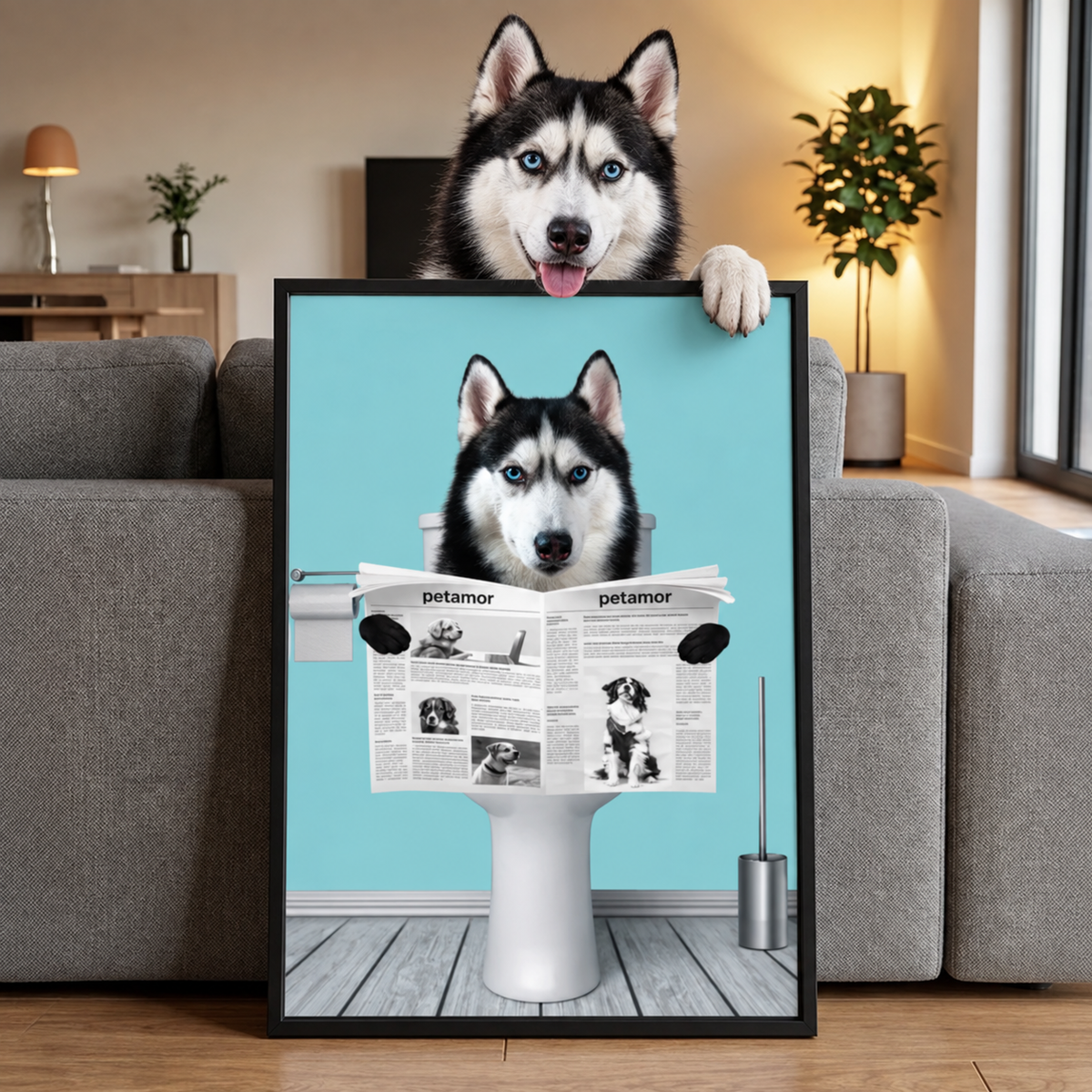 Gepersonaliseerde poster van een hond die op de wc zit en de krant leest. Zwarte lijst.