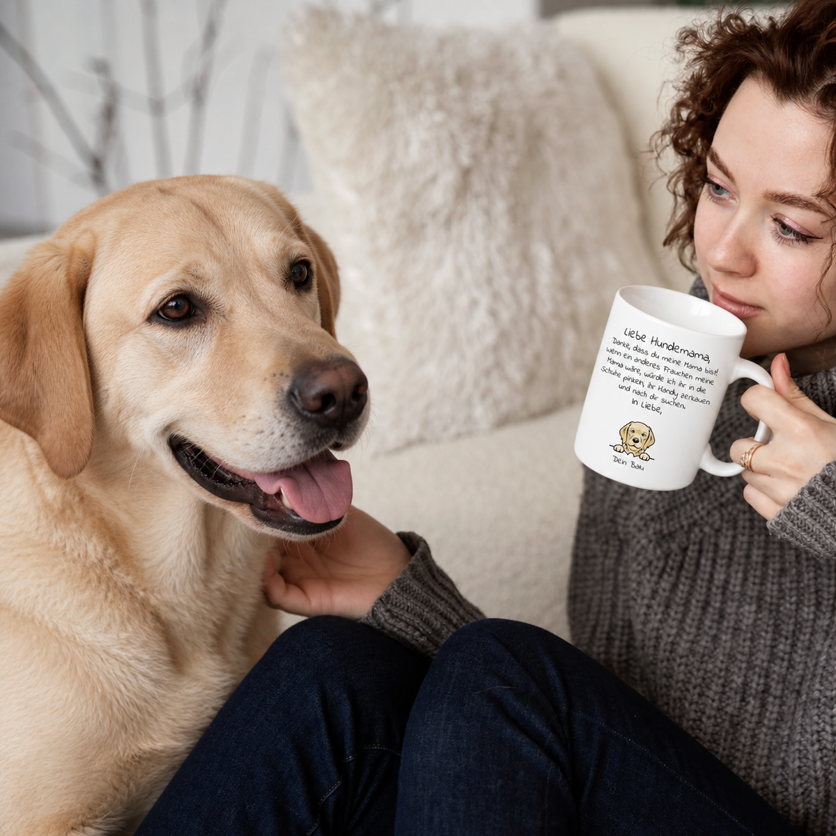 Personne avec un mug portant l'inscription "Liebe Hundemama" et un labrador retriever sur un canapé clair.