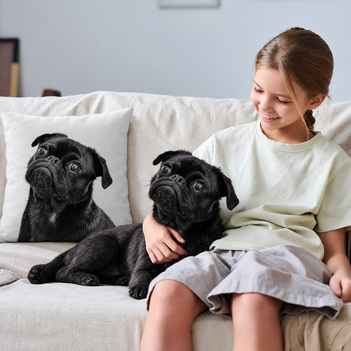 Coussin personnalisé avec un carlin noir, à côté d'une fille sur un canapé.