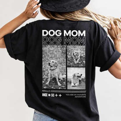T-shirt noir avec l'inscription "DOG MOM" et des photos de chiens au dos.
