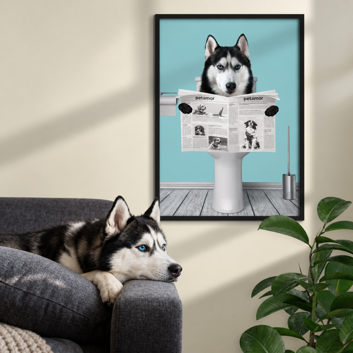 Poster van een husky die op de wc zit en de krant leest, zonder lijst, blauwe achtergrond.