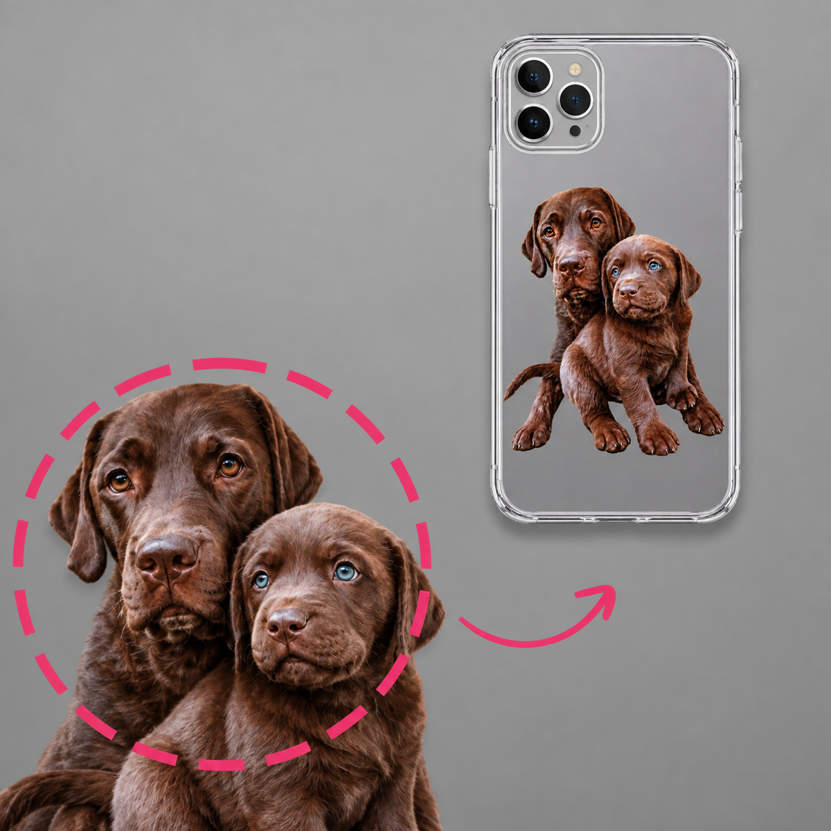 Coque de téléphone personnalisée avec portrait de deux chiots labradors marron sur fond transparent.