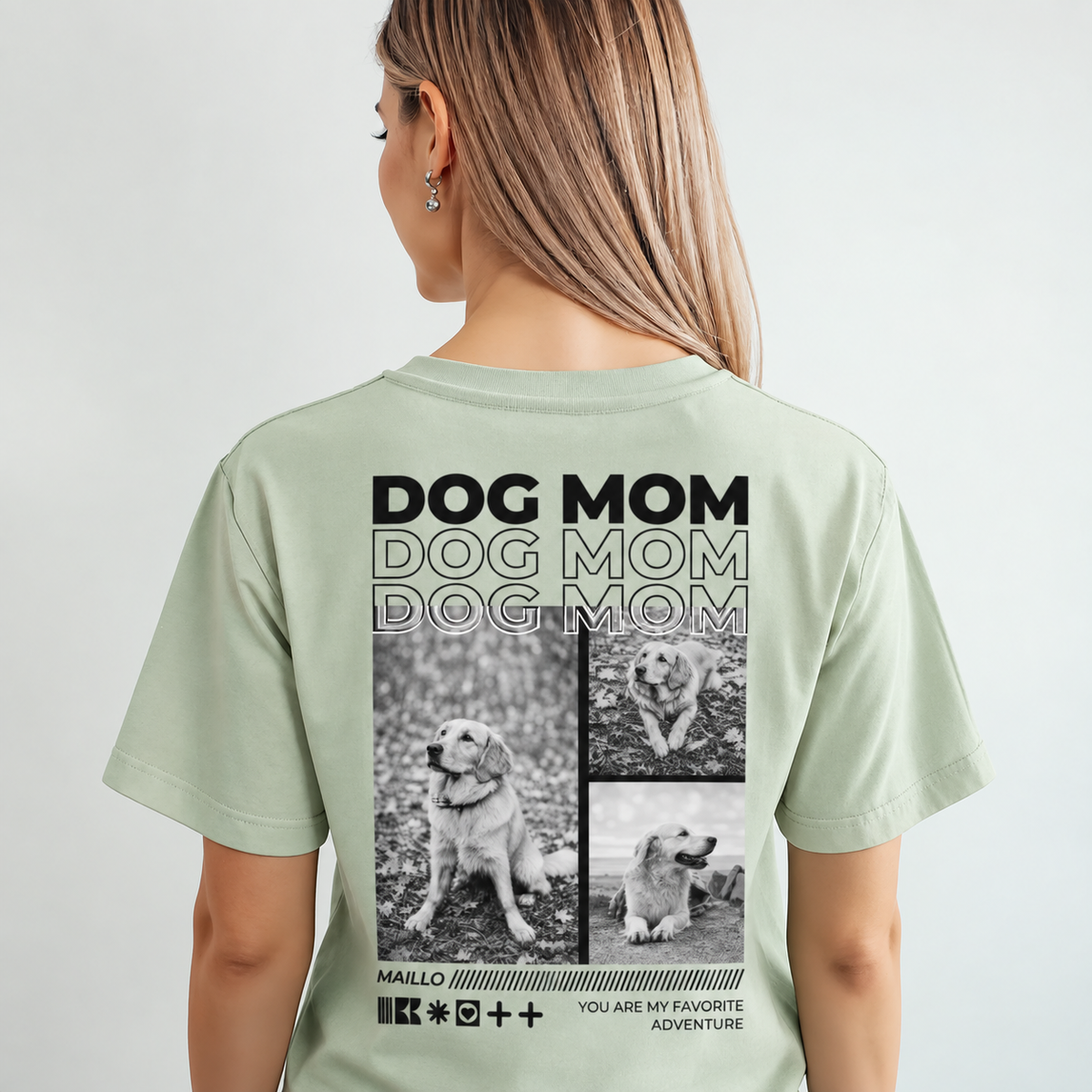 T-shirt vert menthe personnalisé avec l'inscription "Dog Mom" et photos de chiens au dos.
