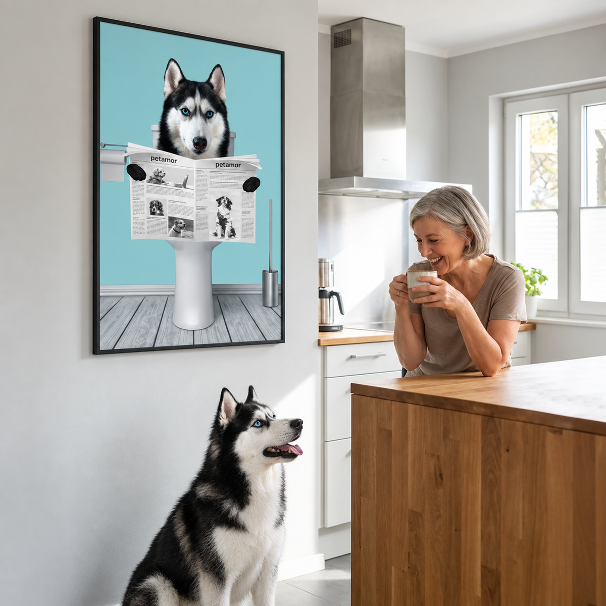 Gepersonaliseerde poster van een husky die de krant leest, in een moderne keuken.