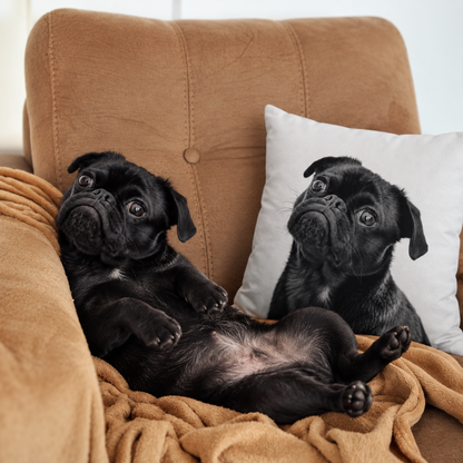 Coussin photo noir et blanc avec image de chien, à côté d'un carlin noir détendu sur un canapé.