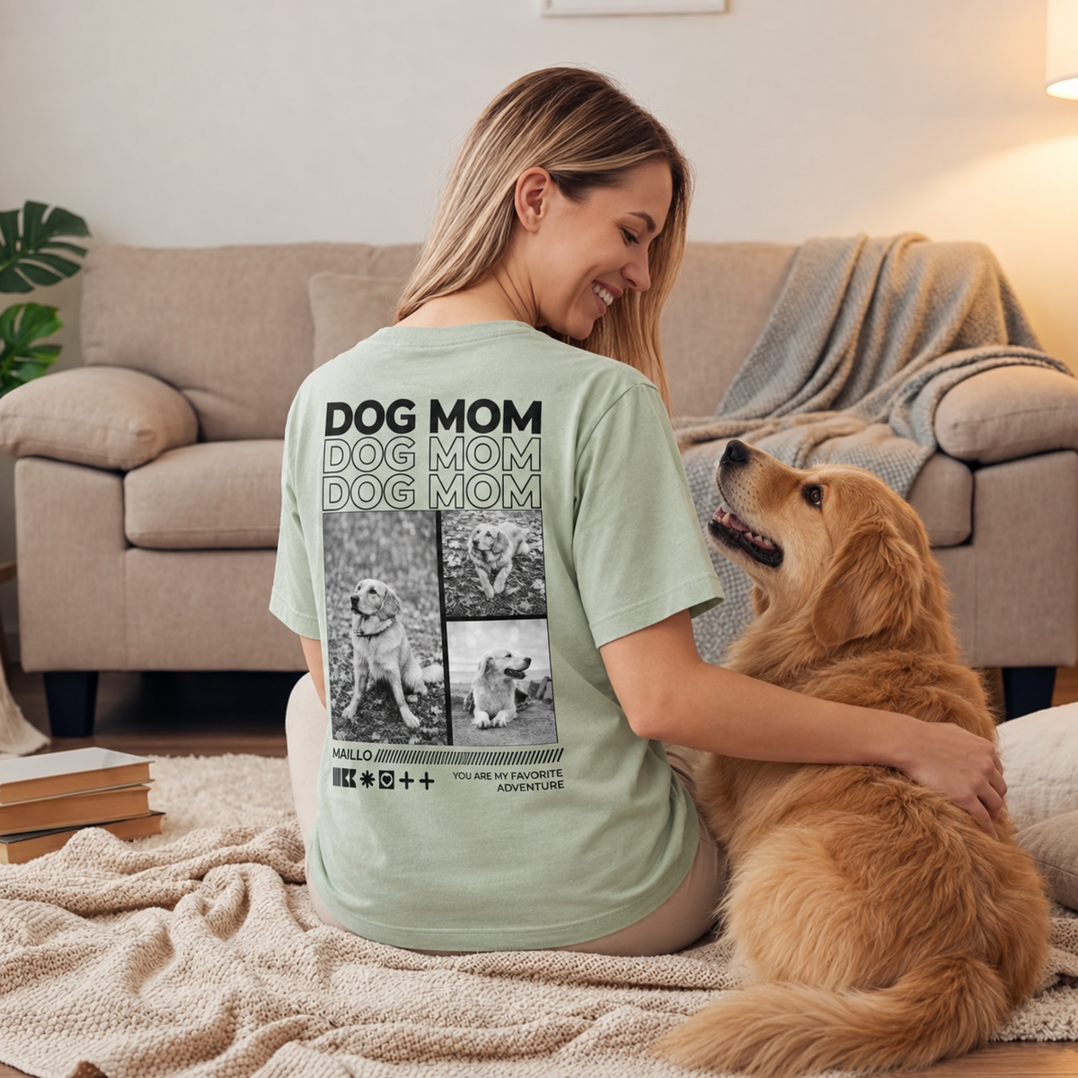 T-shirt vert personnalisé avec motif "Dog Mom" et photos de chiens au dos.