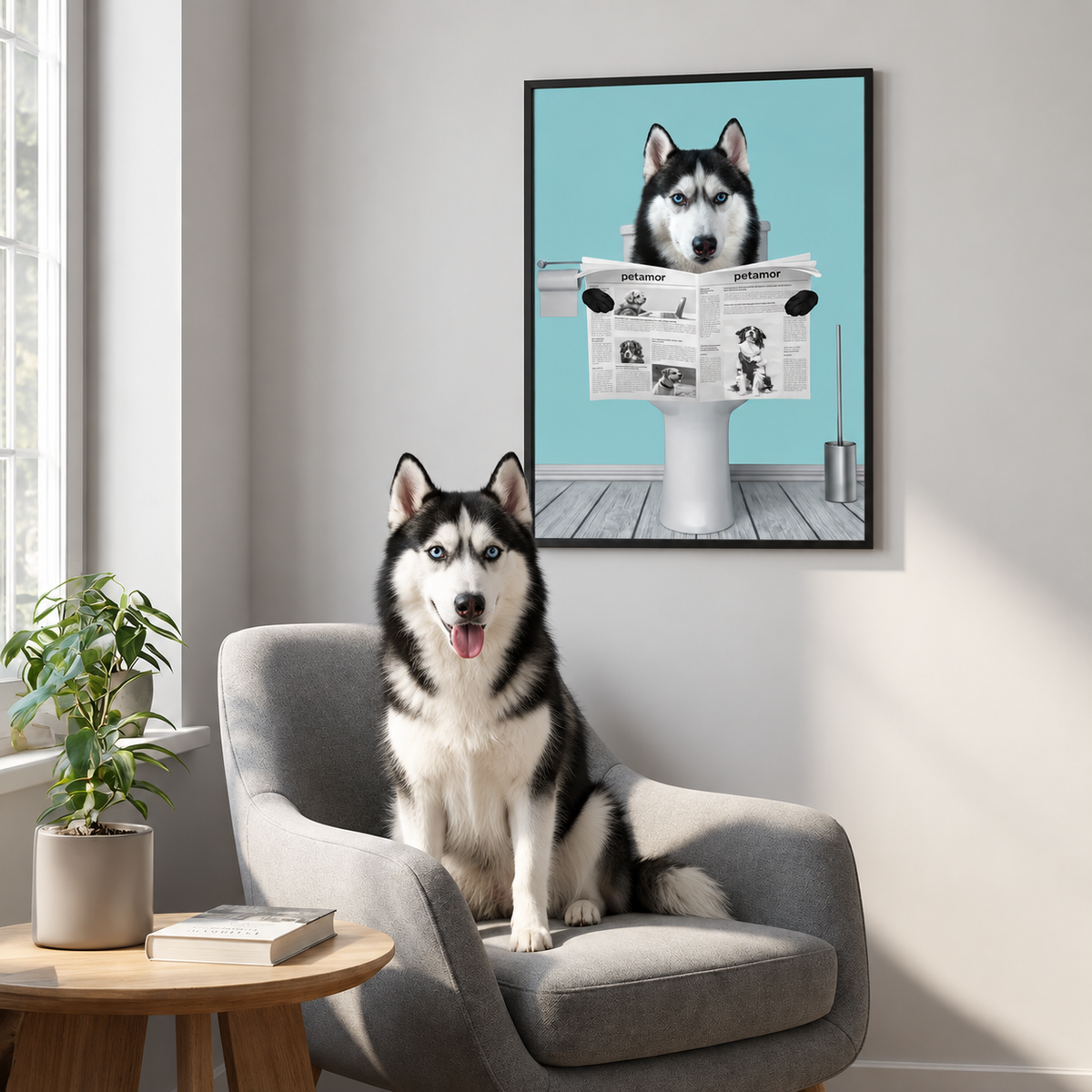 Kleurrijke poster van een hond die op de wc zit en de krant leest. Ontwerp zonder lijst.