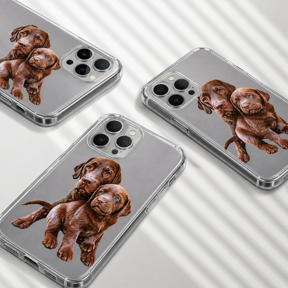 Trois coques de téléphone personnalisées avec images de chiots labradors marron. Matière transparente.