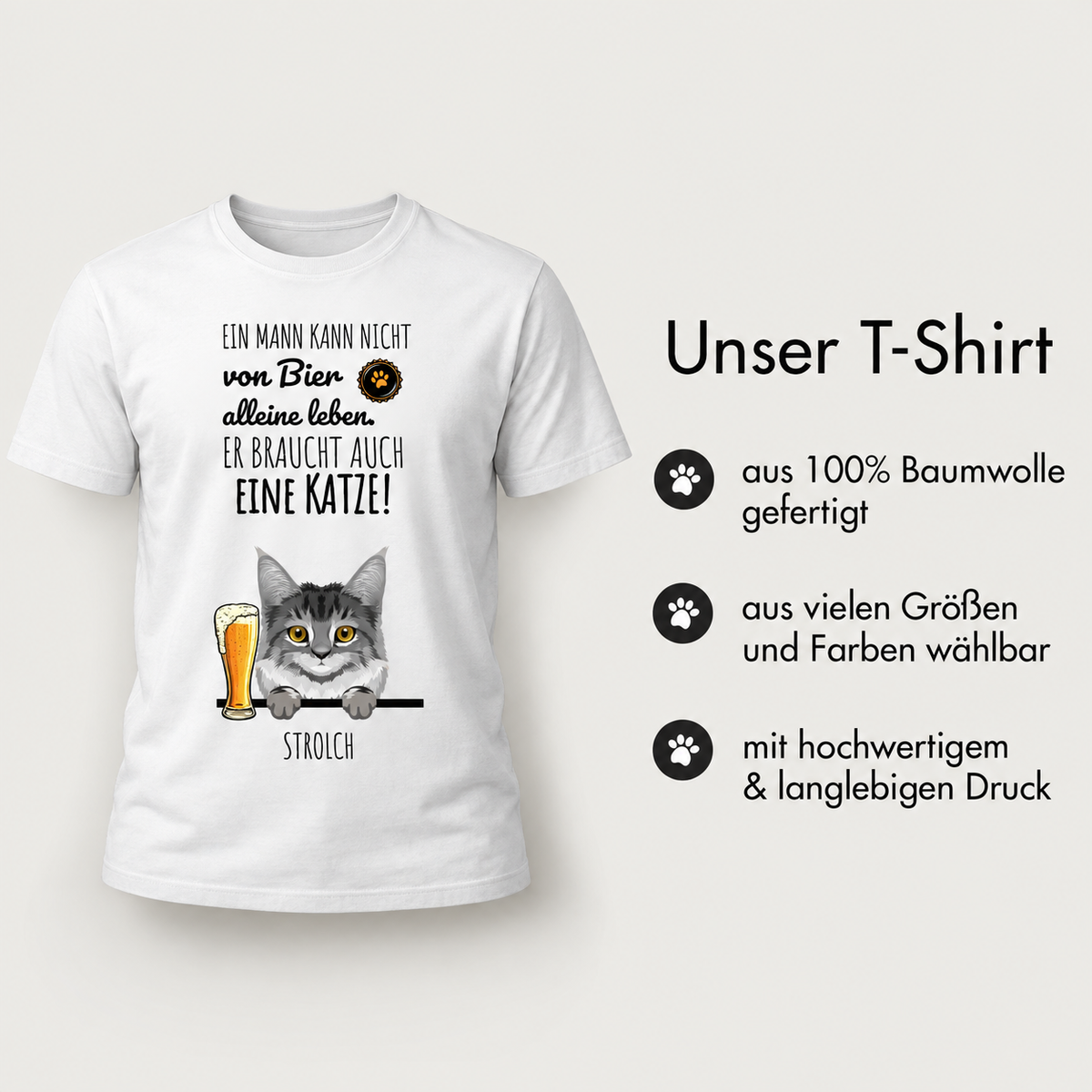 T-shirt blanc 100 % coton avec illustration d'un chat et d'une bière, et une citation.
