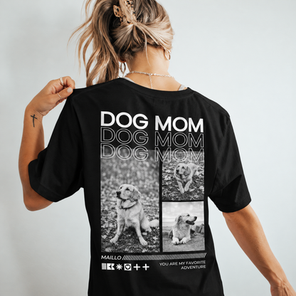 T-shirt noir avec l'inscription "Dog Mom" et des photos de chiens au dos.