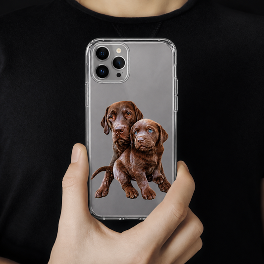Transparant telefoonhoesje met een afbeelding van twee bruine pups.