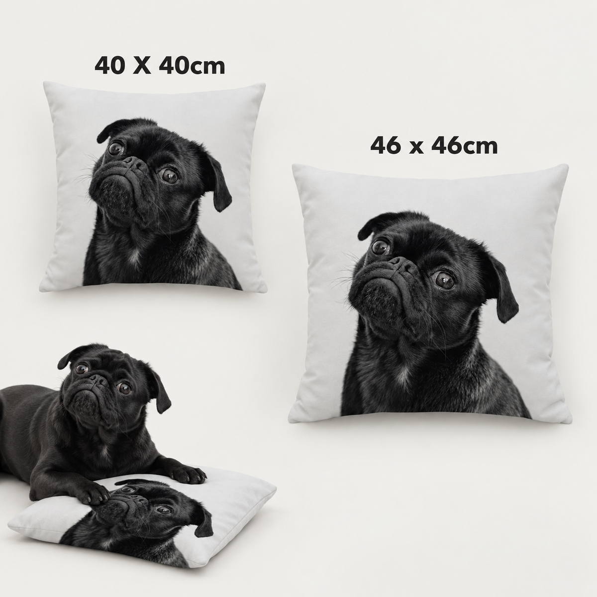 Deux coussins personnalisés de tailles différentes avec motif de carlin noir sur fond blanc.