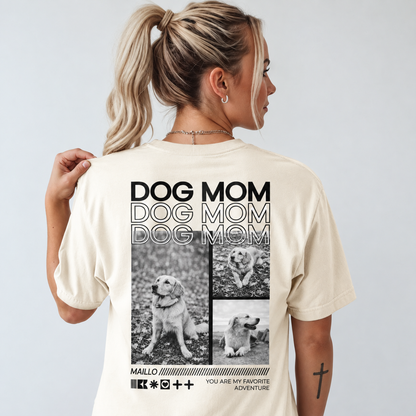 T-shirt beige avec motifs de chiens et inscription "DOG MOM" au dos.