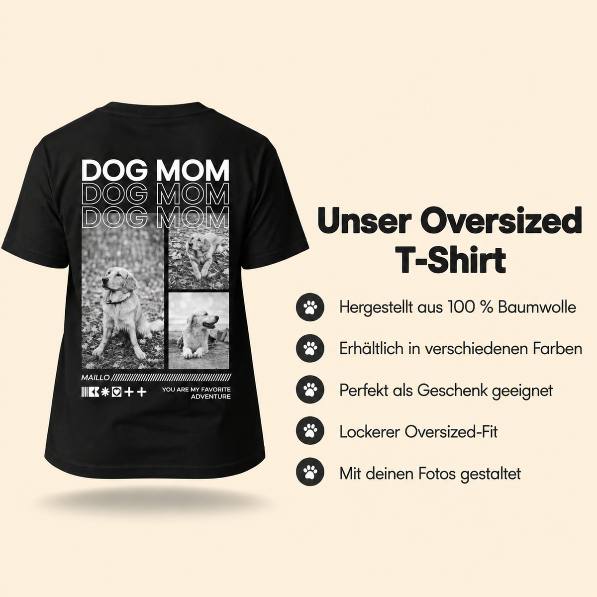 T-shirt oversize noir 100 % coton avec l'inscription "Dog Mom" et collage photo.
