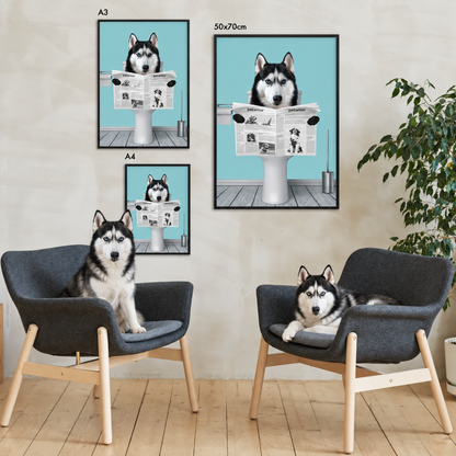 Drie gepersonaliseerde posters van een husky die de krant leest in zwarte lijsten. Stoelen en plant op de achtergrond.