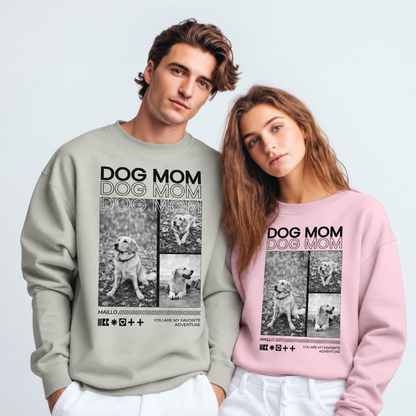 Twee gepersonaliseerde sweaters in grijs en roze met "Dog Mom"-opdruk en dierenfoto's.