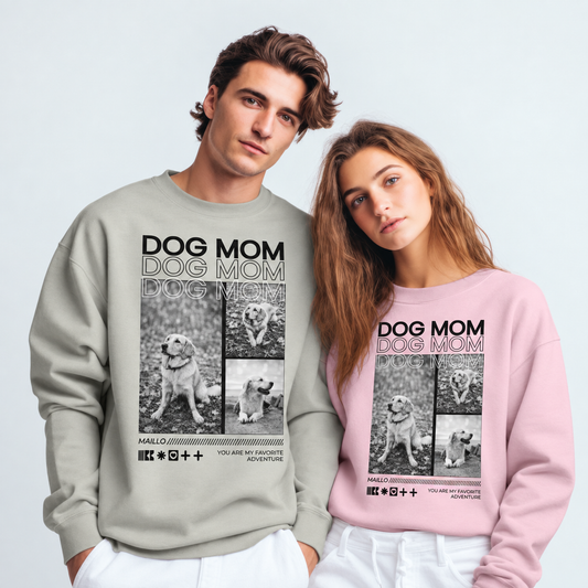 Twee gepersonaliseerde sweaters in grijs en roze met "Dog Mom"-opdruk en dierenfoto's.