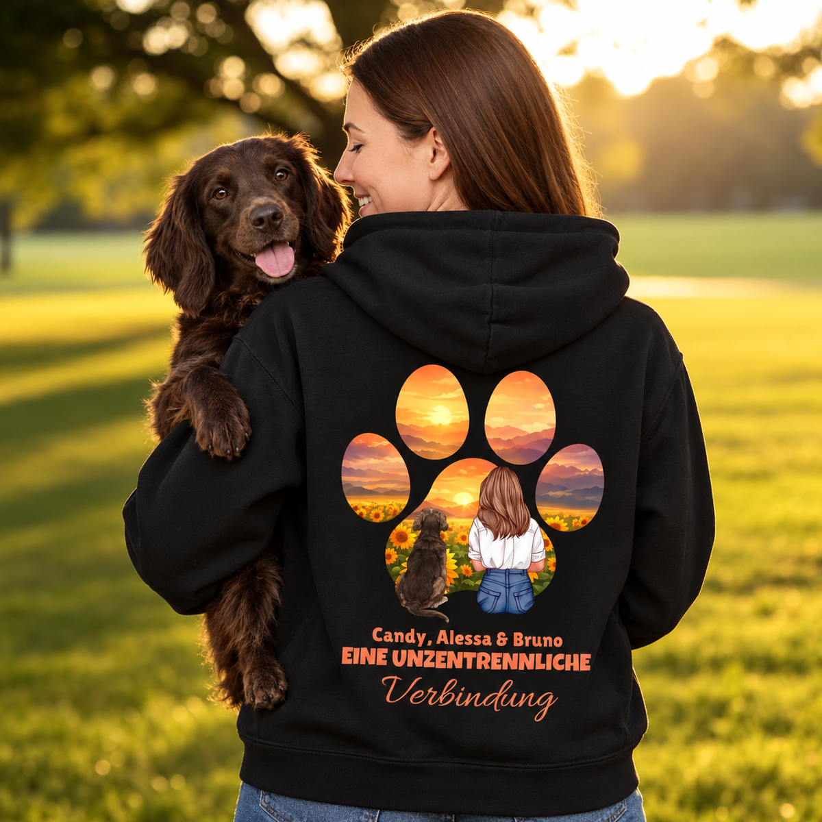 Zwarte hoodie met kleurrijk pootmotief en gepersonaliseerde tekst op de rug.