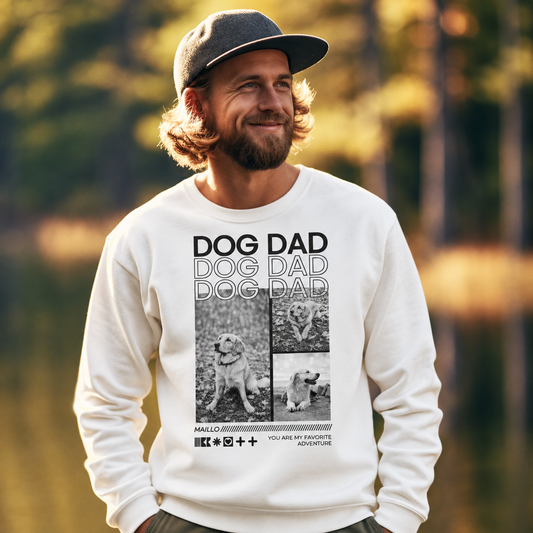 Gepersonaliseerde crèmekleurige sweater met zwarte opdruk "DOG DAD" en foto's van honden.