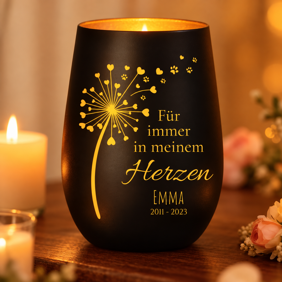 Gepersonaliseerde zwarte herdenkingskaars met gouden letters en hartmotieven.