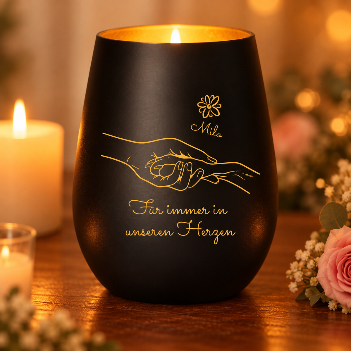 Zwart herdenkingslicht met gouden gravure, gepersonaliseerd met naam en tekst. Ideaal ter herinnering aan een hond.