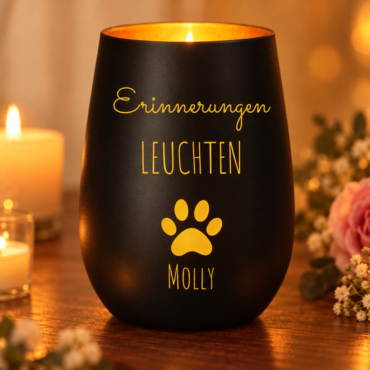 Gepersonaliseerd zwart herdenkingslicht met gele letters en pootjesmotief, brandt zacht.