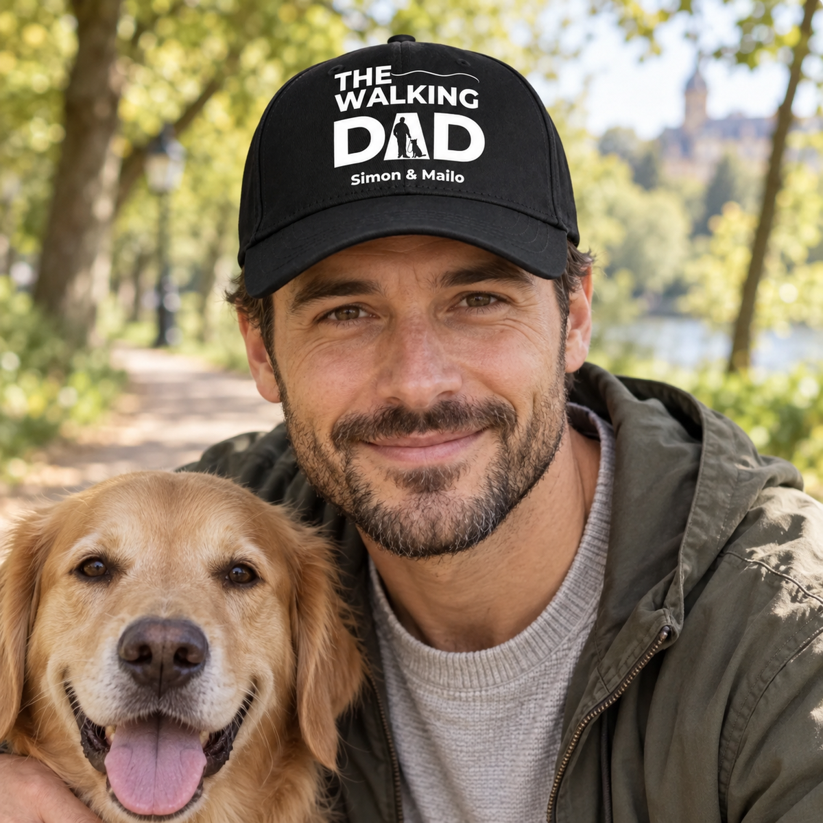 Zwarte pet met opdruk “THE WALKING DAD” en gepersonaliseerde namen, met een man en een hond.