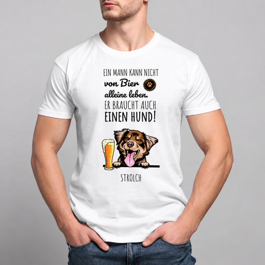 T-shirt blanc avec imprimé amusant d'un chien et d'une bière, texte sur le lien entre bière et chien.