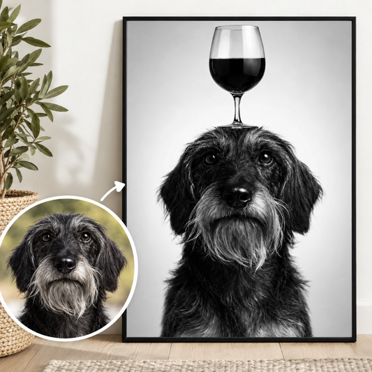Zwart-witposter van een hond met een wijnglas op zijn kop, in een moderne lijst.