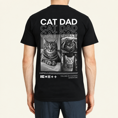 T-shirt noir avec l'inscription "Cat Dad" et des photos de chats au dos.