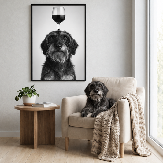 Ingelijste zwart-witposter van een hond met een wijnglas op zijn kop. Hond zit op een beige fauteuil in een moderne ruimte.