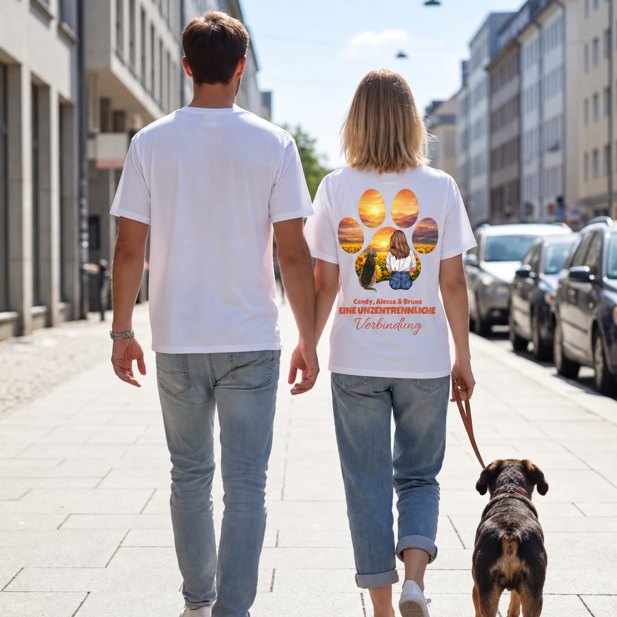 Deux personnes en T-shirts blancs, main dans la main, promenant un chien. Immeubles visibles derrière eux.