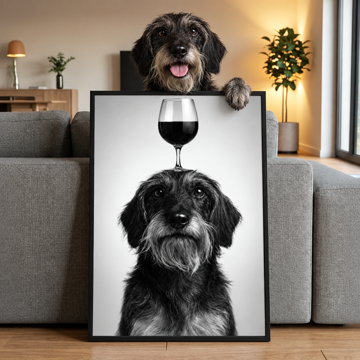 Gepersonaliseerde wanddecoratie met hondenportret en een wijnglas op zijn kop.