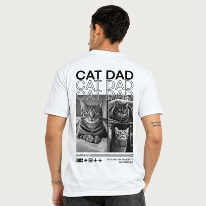 T-shirt blanc avec impression noire, dos avec photos de chats et inscription "CAT DAD".