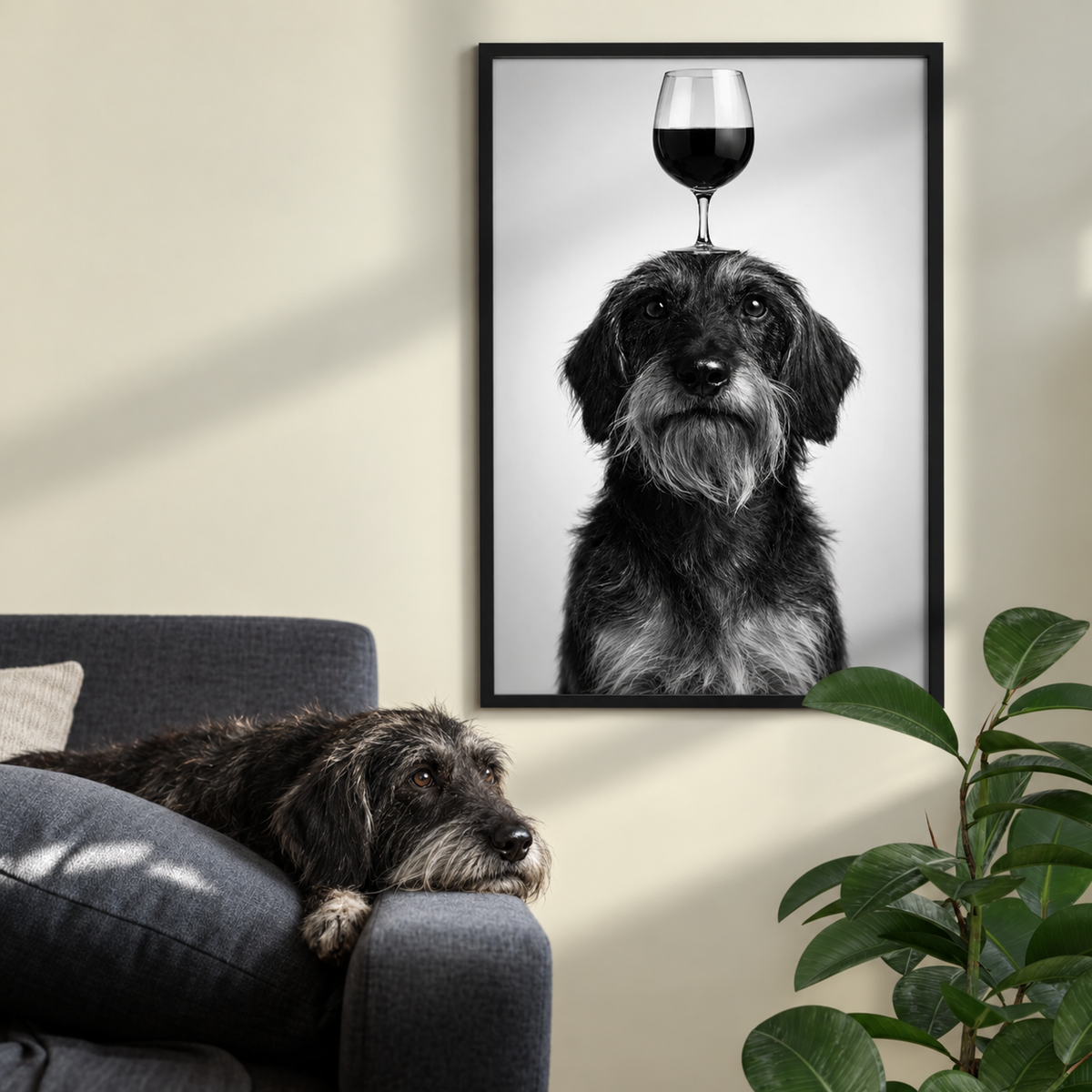 Zwart-witposter van een hond met een wijnglas op zijn kop, ingelijst en aan de muur bevestigd.