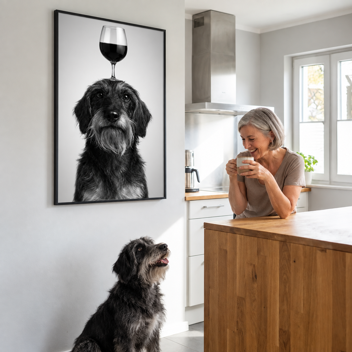 Gepersonaliseerde wanddecoratie met hondenfoto en wijnglas, vrouw met kopje in een moderne keuken.