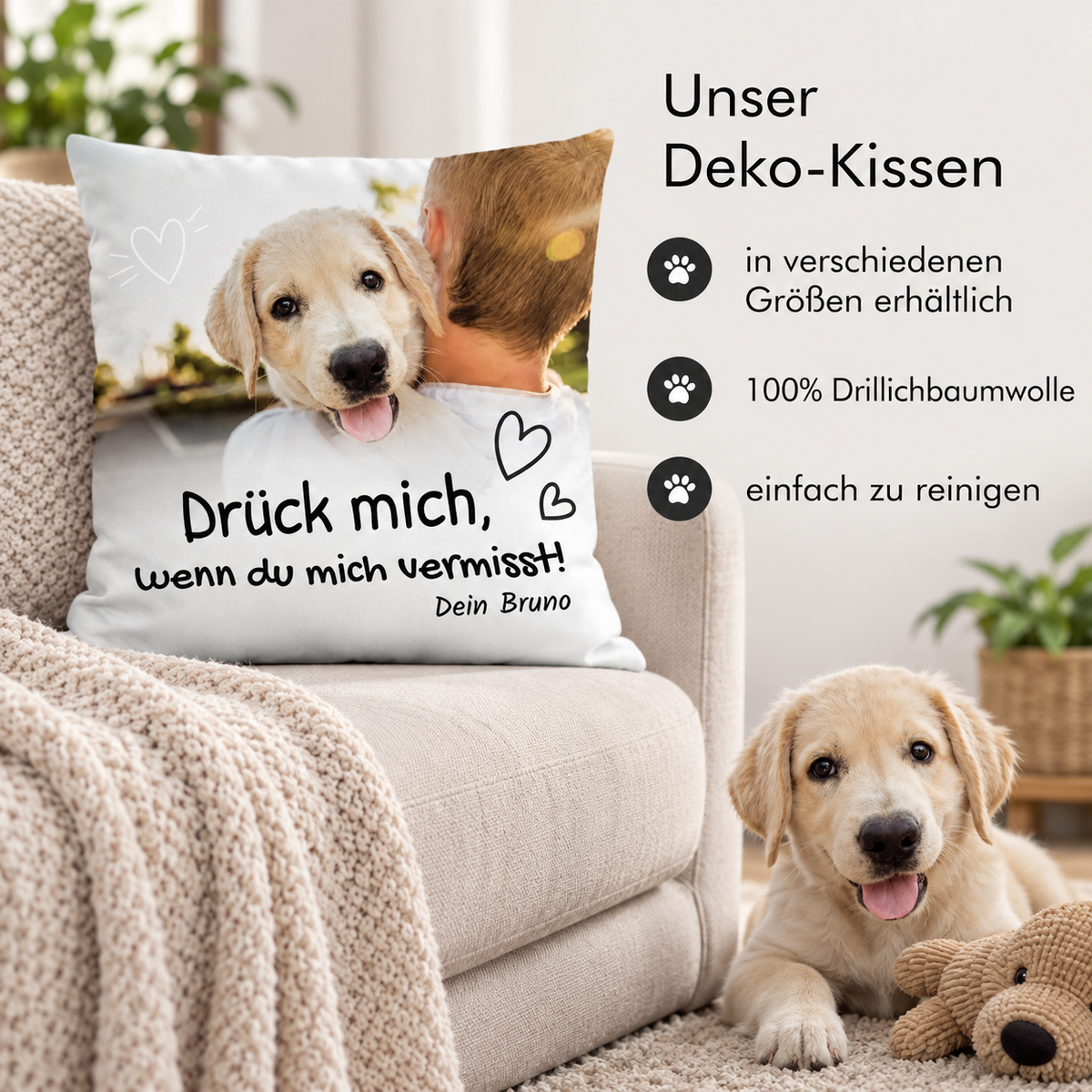 Personaliseerbaar sierkussen met hondenfoto en de tekst "Drück mich, wenn du mich vermisst!", 100% katoenen drill.
