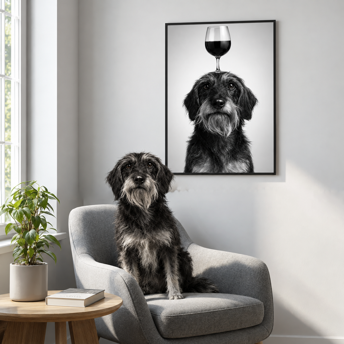 Zwart-witposter van een hond met een wijnglas op zijn kop, aan de muur boven een gezellige fauteuil.