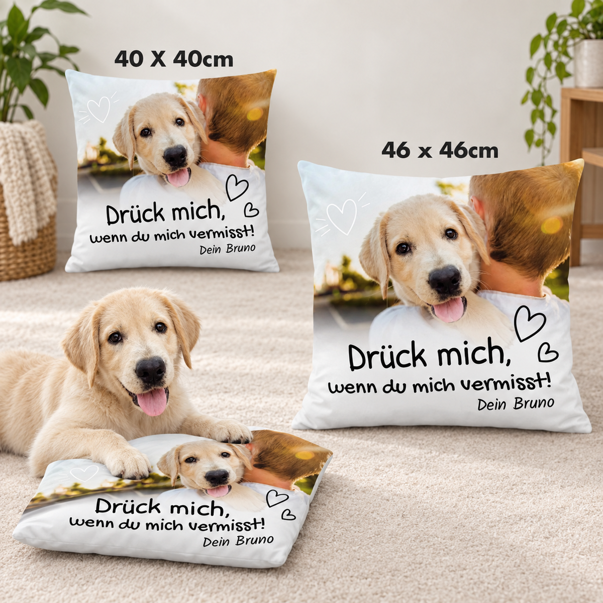 Gepersonaliseerd kussen met hondenmotief en tekst, in de maten 40x40 cm en 46x46 cm.